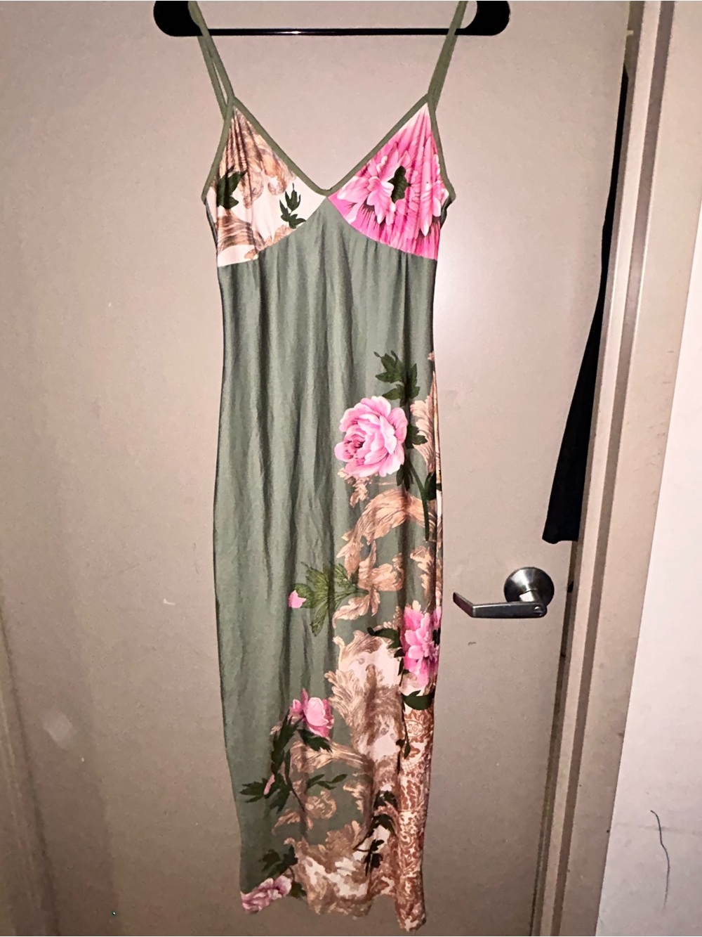 Green Floral Slip Dress with Pink Accents